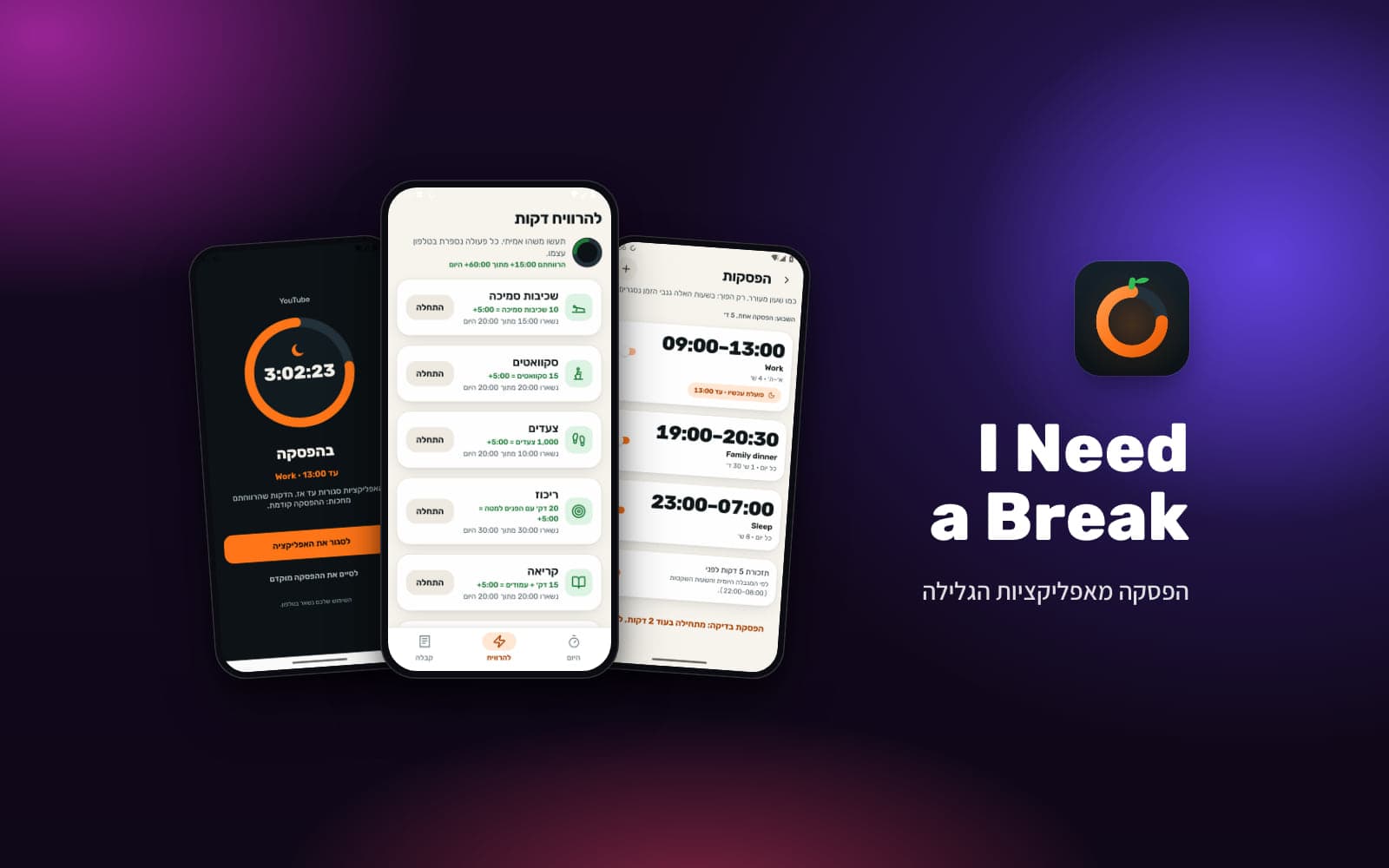 I Need a Break – מסכי ההפסקות, הרווחת הדקות והפסקה פעילה באפליקציה